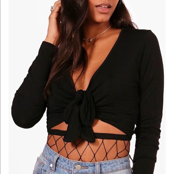 Boohoo Long Sleeve Tie Front Crop Top - Picture 2 of 4